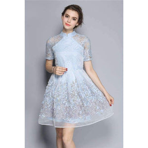 Planet Gates Sky Blue / S Mandarin Collar Dress Luxury Women Appliques Embroidery Short Sleeve Summer Lace Dress Event For Party Wedding NS416