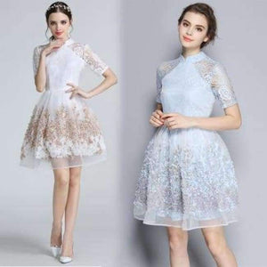 Planet Gates Sky Blue / S Mandarin Collar Dress Luxury Women Appliques Embroidery Short Sleeve Summer Lace Dress Event For Party Wedding NS416