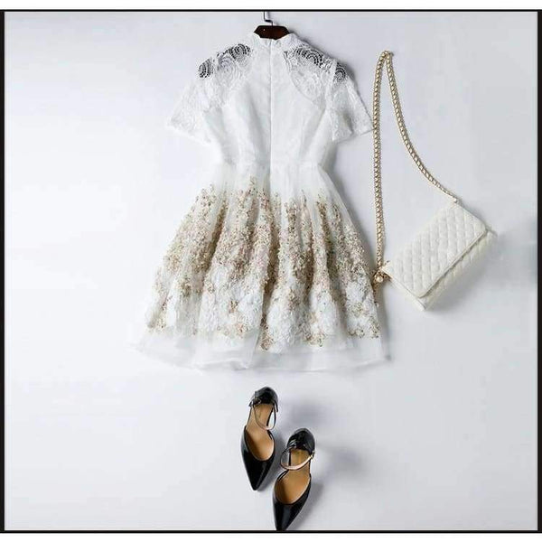 Planet Gates Sky Blue / S Mandarin Collar Dress Luxury Women Appliques Embroidery Short Sleeve Summer Lace Dress Event For Party Wedding NS416
