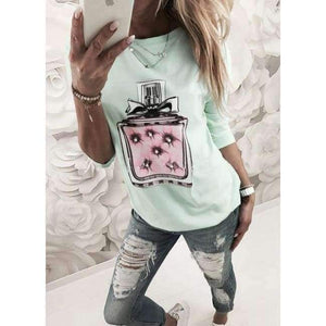 Planet Gates Sky Blue / S New Arrivals Casual Pink Green White Perfume Pattern Print Short Sleeve Tees Women Tops Shirt T Shirt For Women