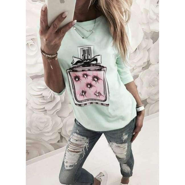 Planet Gates Sky Blue / S New Arrivals Casual Pink Green White Perfume Pattern Print Short Sleeve Tees Women Tops Shirt T Shirt For Women