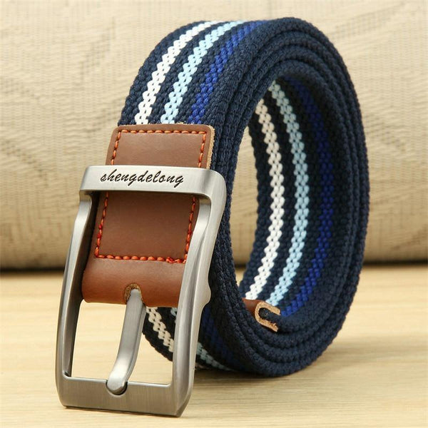 Fashion Striped Men's Belt High-quality Encrypted Canvas Hard Metal Steel Buckle Belt For Men Leather Closure Sports Belt