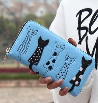 Planet Gates sky blue wallet / China Women wallets leather wallet long style dollar price Women bag card holder cartoon cat coin purse  LS8723fb