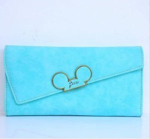 Planet Gates Sky Blue Women Wallets Faux Leather Long Section Hasp Purse Mickey Head Oblique Cover Type Three Fold Clutch Coin Pocket Card Holder