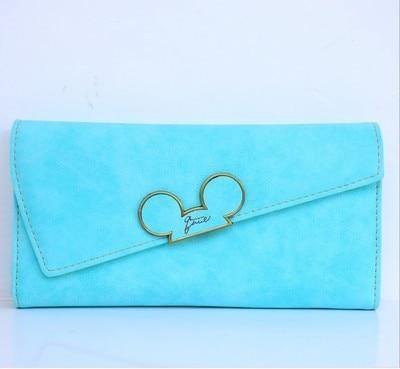 Planet Gates Sky Blue Women Wallets Faux Leather Long Section Hasp Purse Mickey Head Oblique Cover Type Three Fold Clutch Coin Pocket Card Holder