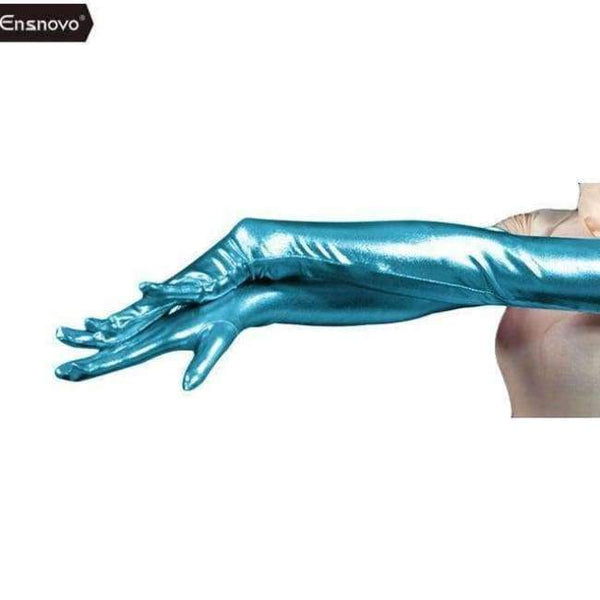 Planet Gates skyblue / 22inch Ensnovo Women Spandex Polyester Black Shiny Metallic 22" Long Sleeve Cosplay Costumes Wet Look Opera Length Evening Gloves