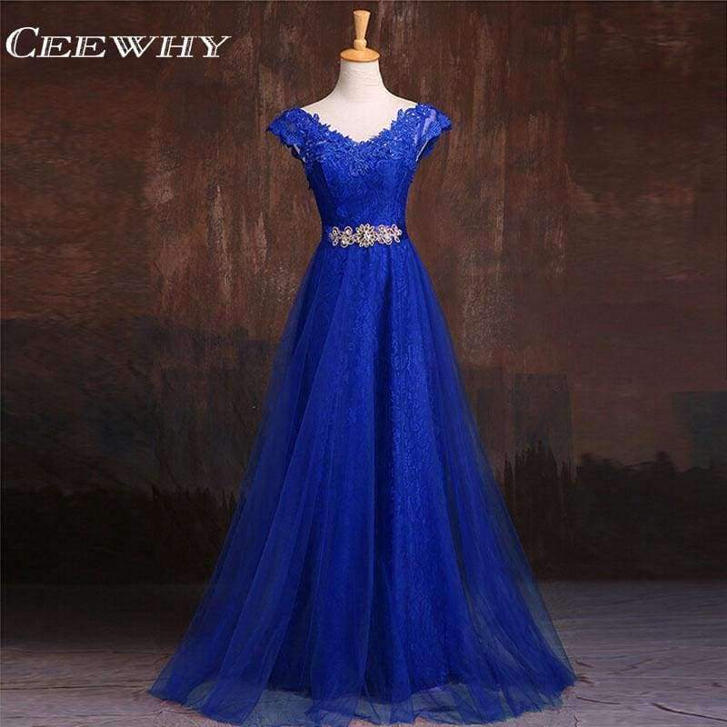Planet Gates Sleeveless Lace Formal Dress Blue Evening Dress A-Line Prom Party Dress Solid Crystal Evening Gowns Vestido de Festa