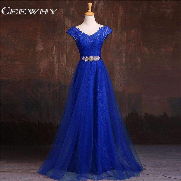 Planet Gates Sleeveless Lace Formal Dress Blue Evening Dress A-Line Prom Party Dress Solid Crystal Evening Gowns Vestido de Festa