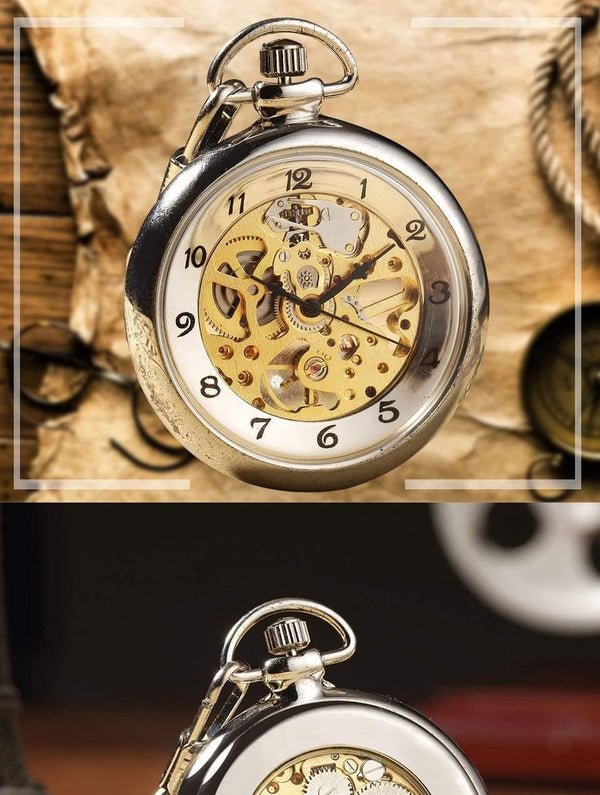 Planet Gates Sliver Hand Winding Full Steel Pocket Watches Fashion Unique Skeleton Transparent Mechanical Pocket Watch Fob Chain
