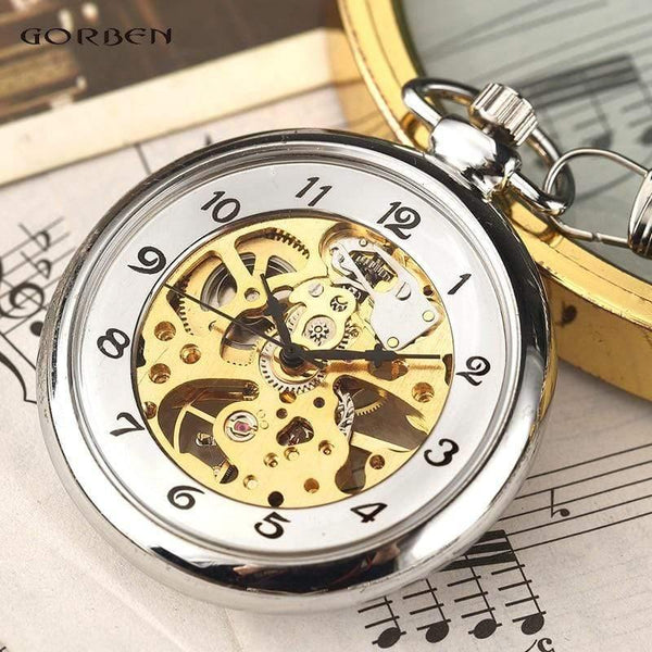 Planet Gates Sliver Hand Winding Full Steel Pocket Watches Fashion Unique Skeleton Transparent Mechanical Pocket Watch Fob Chain