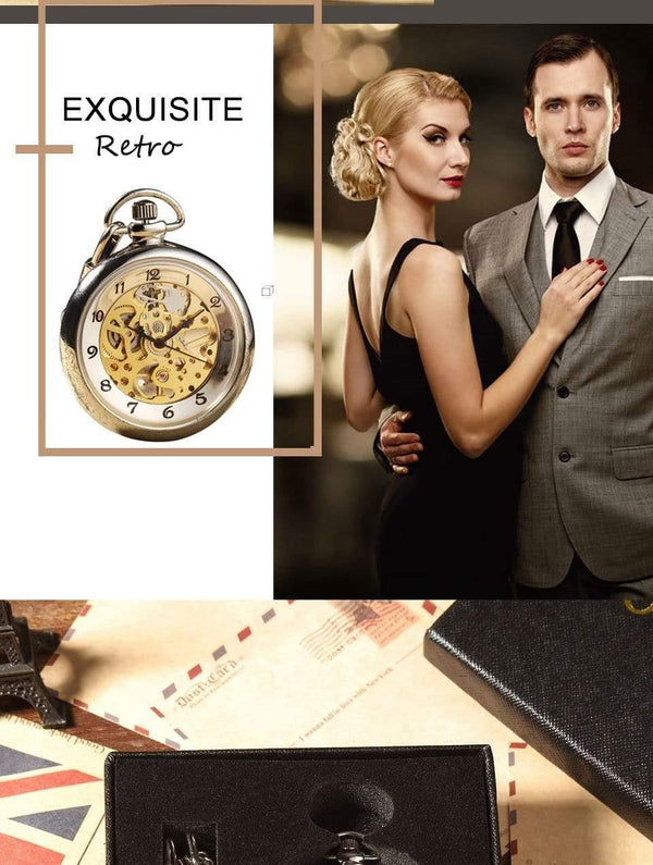 Planet Gates Sliver Hand Winding Full Steel Pocket Watches Fashion Unique Skeleton Transparent Mechanical Pocket Watch Fob Chain