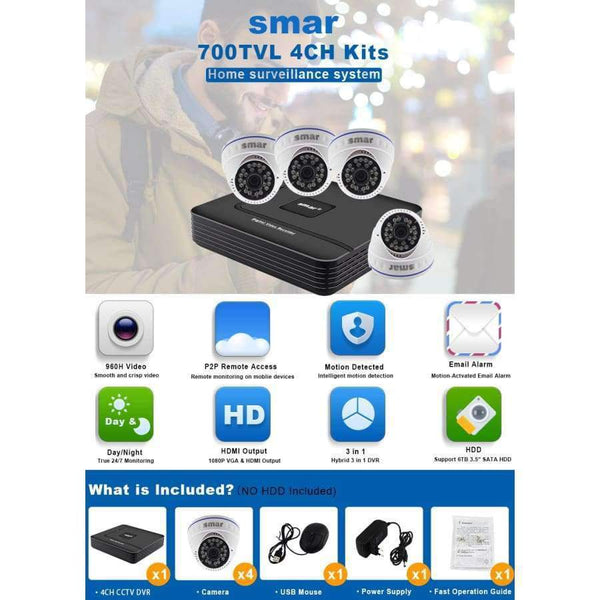 Planet Gates Smar система за домашна охранителна камера, аналогов самостоятелен комплект, 4-канален CCTV DVR NVR AHD 4 бр. 700TVL 24 инфрачервена LED вътрешна куполна камера