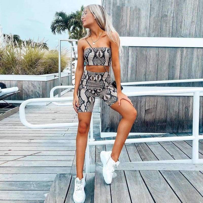 Planet Gates snakeskin / S Snake skin crop top sexy tank top shorts 2 pieces sets 2018 summer autumn women fashion elastic sportswear female set