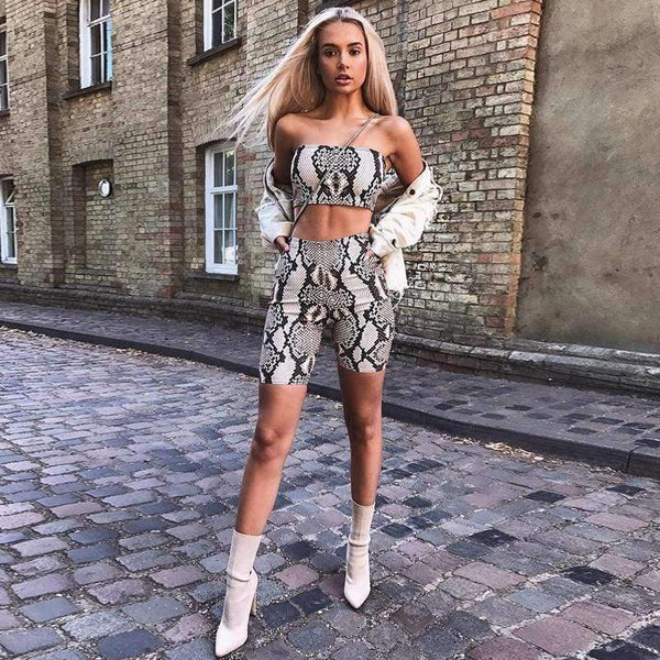 Planet Gates snakeskin / S Snake skin crop top sexy tank top shorts 2 pieces sets 2018 summer autumn women fashion elastic sportswear female set