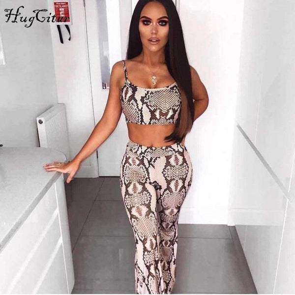 Planet Gates snakeskin / S Straps snakeskin print sext crop tops camis flare pants 2 pieces set 2018 autumn winter women fashion sets
