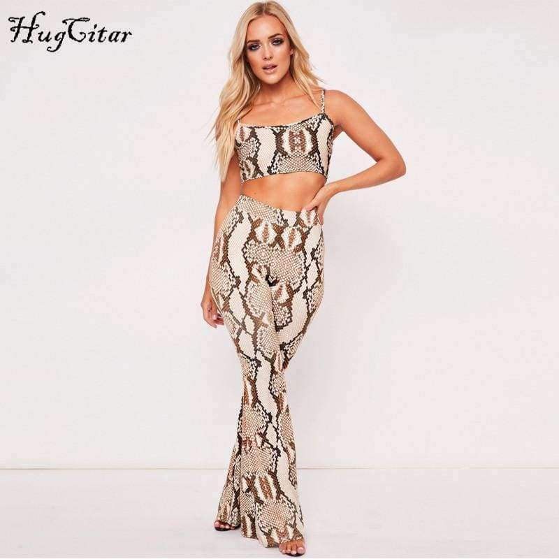 Planet Gates snakeskin / S Straps snakeskin print sext crop tops camis flare pants 2 pieces set 2018 autumn winter women fashion sets