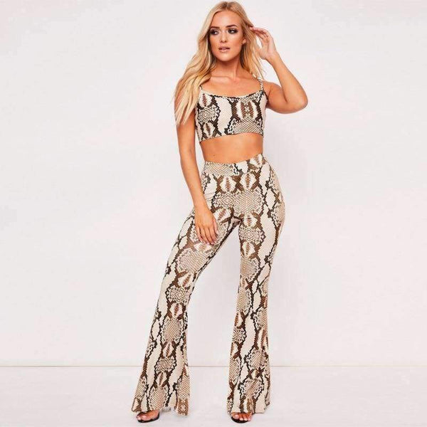 Planet Gates snakeskin / S Straps snakeskin print sext crop tops camis flare pants 2 pieces set 2018 autumn winter women fashion sets