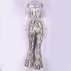 Planet Gates snakeskin / S Straps snakeskin print sext crop tops camis flare pants 2 pieces set 2018 autumn winter women fashion sets