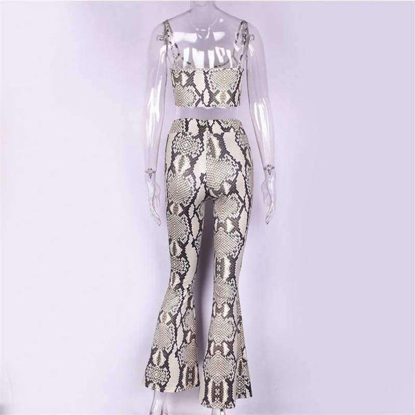 Planet Gates snakeskin / S Straps snakeskin print sext crop tops camis flare pants 2 pieces set 2018 autumn winter women fashion sets