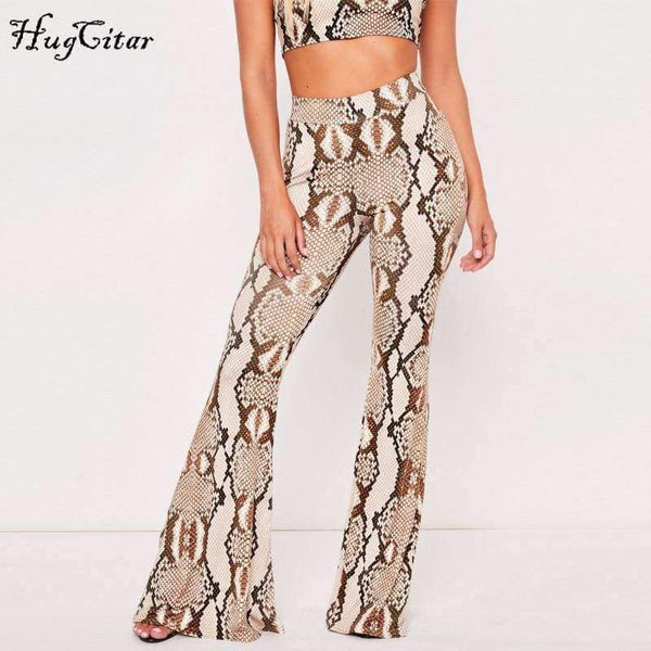 Planet Gates snakeskin / S Straps snakeskin print sext crop tops camis flare pants 2 pieces set 2018 autumn winter women fashion sets