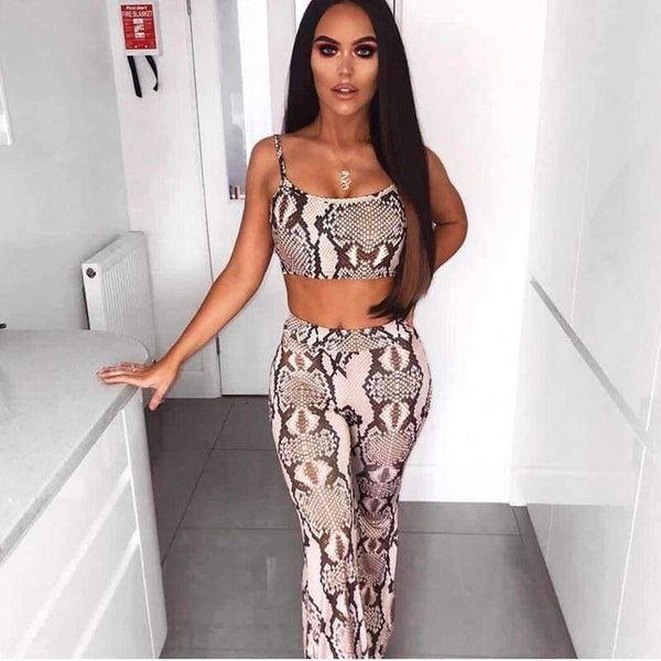 Planet Gates snakeskin / S Straps snakeskin print sext crop tops camis flare pants 2 pieces set 2018 autumn winter women fashion sets