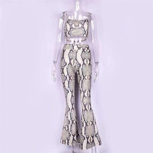 Planet Gates snakeskin / S Straps snakeskin print sext crop tops camis flare pants 2 pieces set 2018 autumn winter women fashion sets
