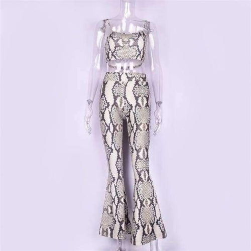 Planet Gates snakeskin / S Straps snakeskin print sext crop tops camis flare pants 2 pieces set 2018 autumn winter women fashion sets