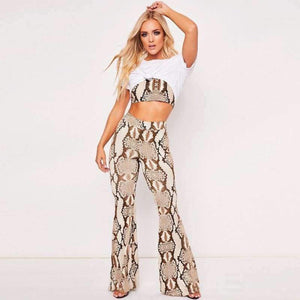 Planet Gates snakeskin / S Straps snakeskin print sext crop tops camis flare pants 2 pieces set 2018 autumn winter women fashion sets
