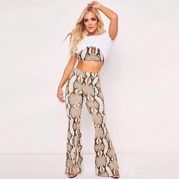 Planet Gates snakeskin / S Straps snakeskin print sext crop tops camis flare pants 2 pieces set 2018 autumn winter women fashion sets