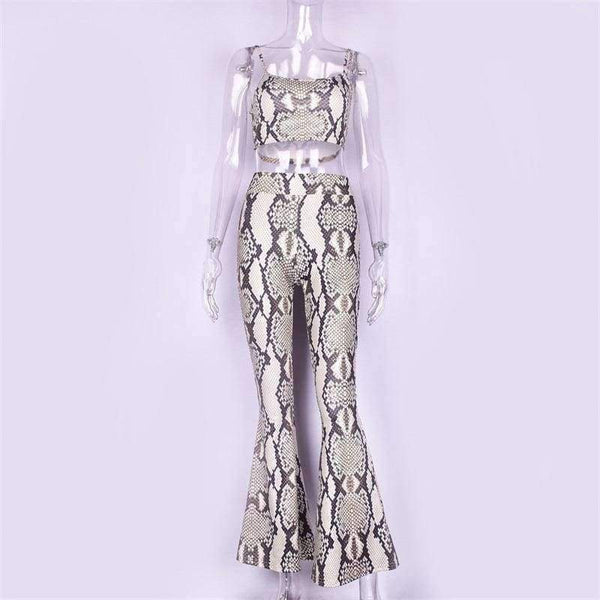 Planet Gates snakeskin / S Straps snakeskin print sext crop tops camis flare pants 2 pieces set 2018 autumn winter women fashion sets