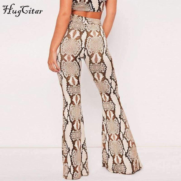 Planet Gates snakeskin / S Straps snakeskin print sext crop tops camis flare pants 2 pieces set 2018 autumn winter women fashion sets