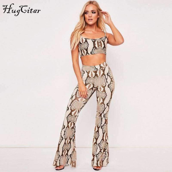 Planet Gates snakeskin / S Straps snakeskin print sext crop tops camis flare pants 2 pieces set 2018 autumn winter women fashion sets