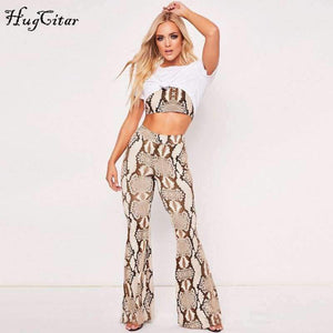 Planet Gates snakeskin / S Straps snakeskin print sext crop tops camis flare pants 2 pieces set 2018 autumn winter women fashion sets