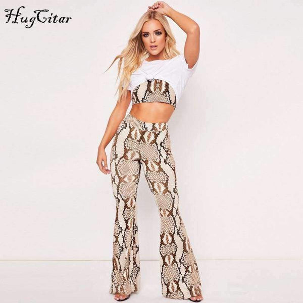 Planet Gates snakeskin / S Straps snakeskin print sext crop tops camis flare pants 2 pieces set 2018 autumn winter women fashion sets