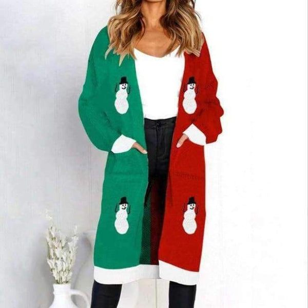 Planet Gates snowman / S Autumn Winter Leopard Print Knitted Long Cardigan Women 2018 Casual Style Pocket Open Stitch Sweater Tops Outwear Jumper