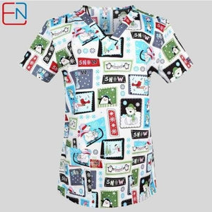 Planet Gates snows / XXS Women Scrub Top With V-Neck 100% Cotton Print Surgical Medical Uniforms Hospital Nurse Scrub Tops For Women