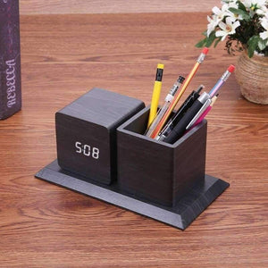 Planet Gates Sound Control Digital Electronic LED Alarm Clock Pencil Pen Holder Time Date Temp Display Desk Organizer Office Accessories
