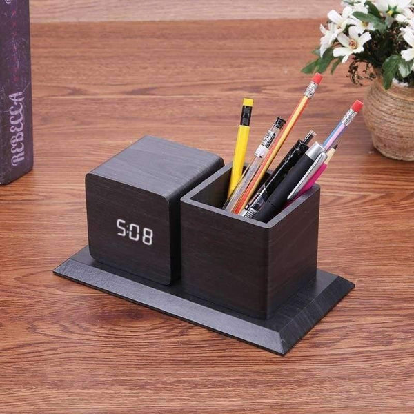 Planet Gates Sound Control Digital Electronic LED Alarm Clock Pencil Pen Holder Time Date Temp Display Desk Organizer Office Accessories