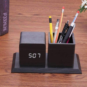 Planet Gates Sound Control Digital Electronic LED Alarm Clock Pencil Pen Holder Time Date Temp Display Desk Organizer Office Accessories
