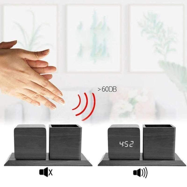 Planet Gates Sound Control Digital Electronic LED Alarm Clock Pencil Pen Holder Time Date Temp Display Desk Organizer Office Accessories