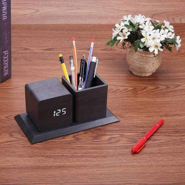 Planet Gates Sound Control Digital Electronic LED Alarm Clock Pencil Pen Holder Time Date Temp Display Desk Organizer Office Accessories