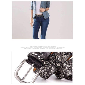 Planet Gates Split Leather + PU Rivet Belt Fashion Rhinestone Women's Studded Belts High Quality Male Leather Rock Women Strap For Jeans