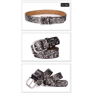 Planet Gates Split Leather + PU Rivet Belt Fashion Rhinestone Women's Studded Belts High Quality Male Leather Rock Women Strap For Jeans