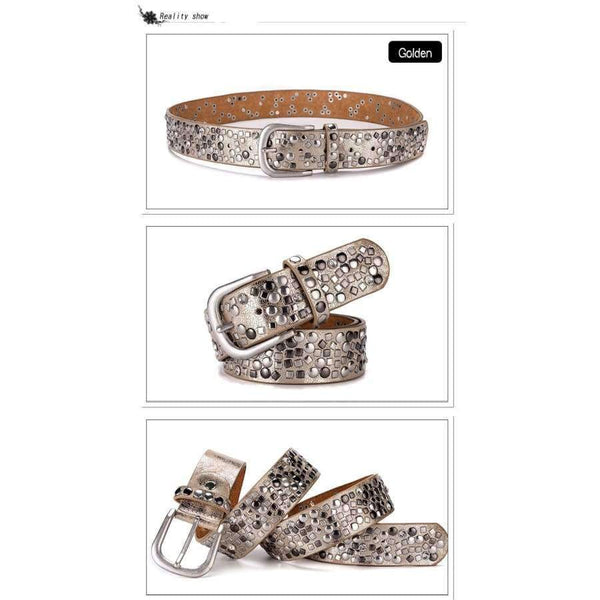 Planet Gates Split Leather + PU Rivet Belt Fashion Rhinestone Women's Studded Belts High Quality Male Leather Rock Women Strap For Jeans
