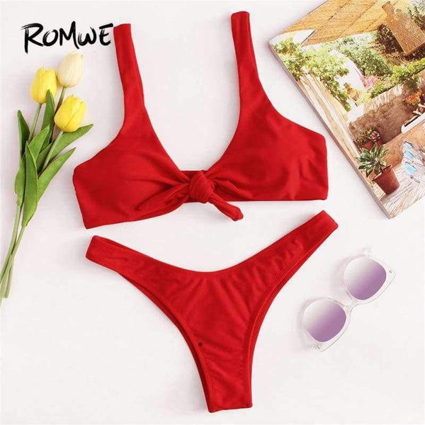 Planet Gates Sport Knot High Leg Bikini Set 2018 Summer Beach Sexy Swimwear Women Red Plain V-neck Slim Bikinis With Chest Pad