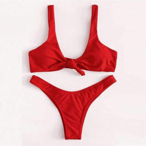 Planet Gates Sport Knot High Leg Bikini Set 2018 Summer Beach Sexy Swimwear Women Red Plain V-neck Slim Bikinis With Chest Pad