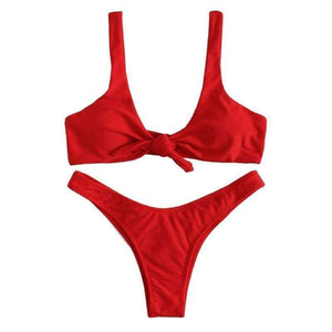 Planet Gates Sport Knot High Leg Bikini Set 2018 Summer Beach Sexy Swimwear Women Red Plain V-neck Slim Bikinis With Chest Pad