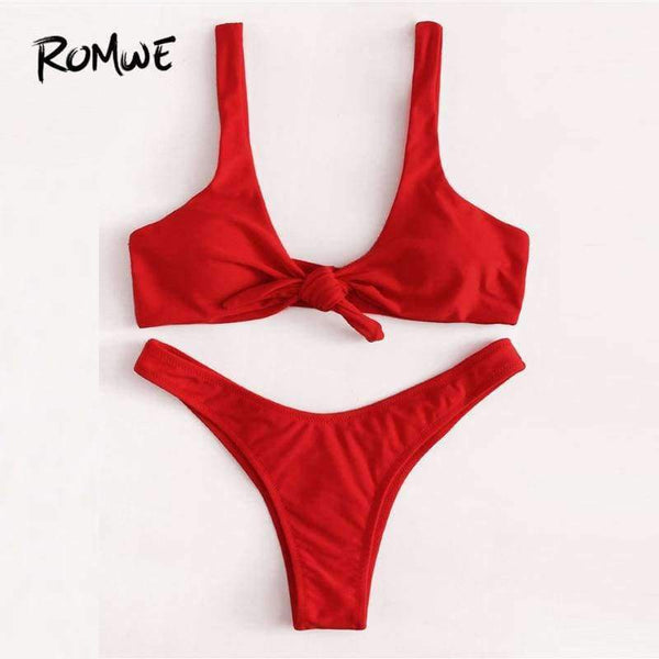 Planet Gates Sport Knot High Leg Bikini Set 2018 Summer Beach Sexy Swimwear Women Red Plain V-neck Slim Bikinis With Chest Pad