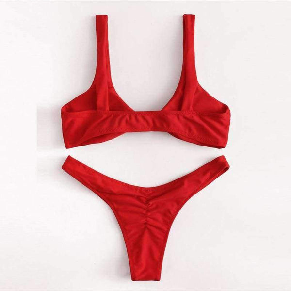 Planet Gates Sport Knot High Leg Bikini Set 2018 Summer Beach Sexy Swimwear Women Red Plain V-neck Slim Bikinis With Chest Pad