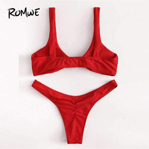 Planet Gates Sport Knot High Leg Bikini Set 2018 Summer Beach Sexy Swimwear Women Red Plain V-neck Slim Bikinis With Chest Pad